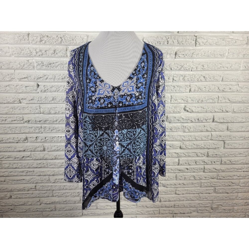 Apt 9 1X Plus Size Top Blue Geometric Studded V-Neck Long Sleeve GEO262XE